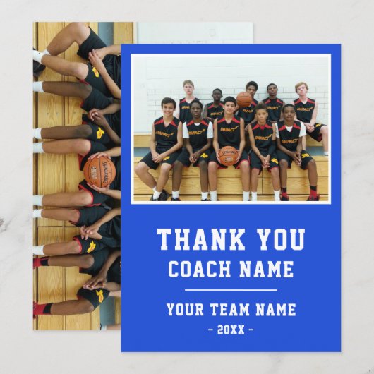 Blue Thank you Coach Card Team Name Photo Bedankkaart (Voorkant / Achterkant)