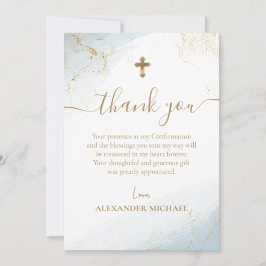Blue Thank You Gold Cross Boy Bevestiging Bedankkaart (Voorkant)