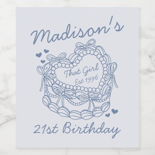 Blue That Girl Retro Heart Coquette Cake Verjaarda Wijn Etiket (Enkel label)