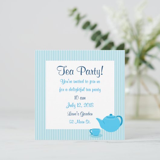 Blue Theepot Tea Party Uitnodigingen (Staand voorkant)