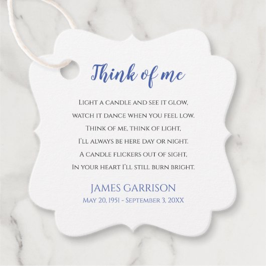 Blue Think of Me Celebration of Life Candle Bedankjes Labels (Voorkant)