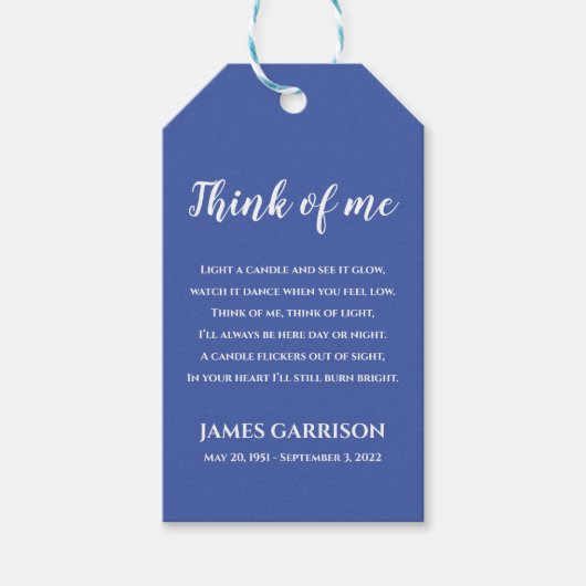Blue Think of Me Celebration of Life Candle Gift T Cadeaulabel (Voorkant)