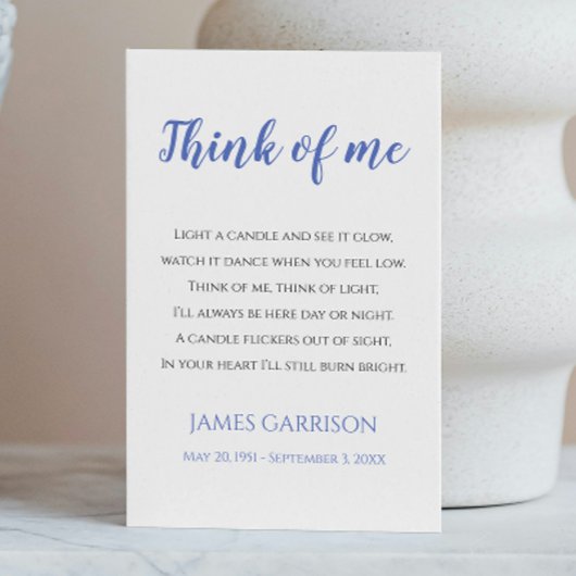 Blue Think of Me Celebration of Life Candle Plaatskaartje
