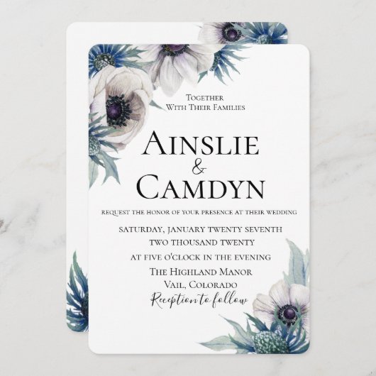 Blue Thistle Anemone bruiloft uitnodiging (Voorkant / Achterkant)