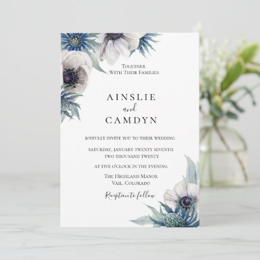 Blue Thistle Anemone bruiloft uitnodiging (Staand voorkant)
