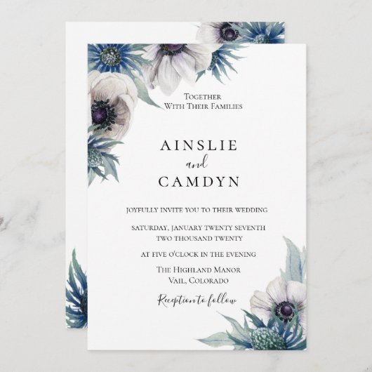 Blue Thistle Anemone bruiloft uitnodiging (Voorkant / Achterkant)