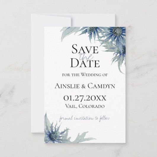 Blue Thistle Botanical Save the Date Aankondiging (Voorkant)