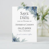 Blue Thistle Botanical Save the Date Aankondiging (Staand voorkant)