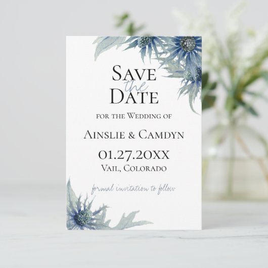 Blue Thistle Botanical Save the Date Aankondiging (Staand voorkant)