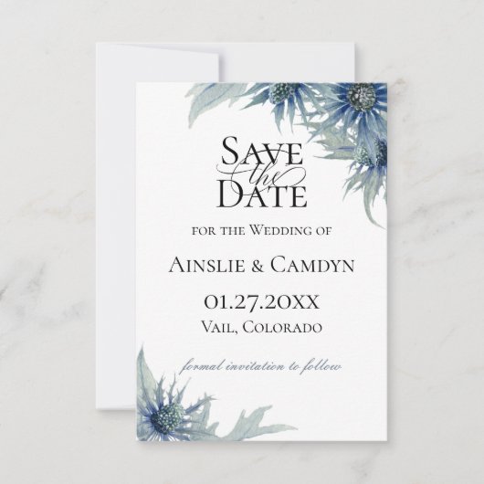 Blue Thistle Botanical Save the Date Aankondiging (Voorkant)
