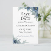 Blue Thistle Botanical Save the Date Aankondiging (Staand voorkant)