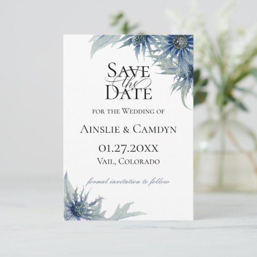 Blue Thistle Botanical Save the Date Aankondiging (Staand voorkant)