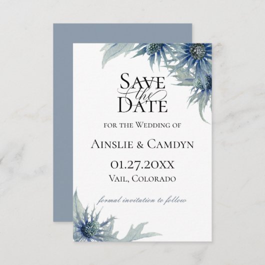 Blue Thistle Botanical Save the Date Aankondiging (Voorkant / Achterkant)