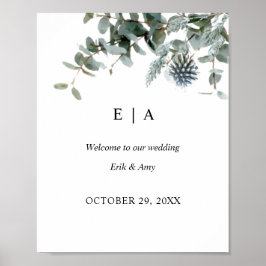 Blue Thistle Eucalyptus Floral Wedding Sign Poster