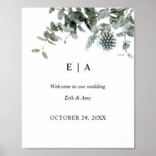 Blue Thistle Eucalyptus Floral Wedding Sign Poster
