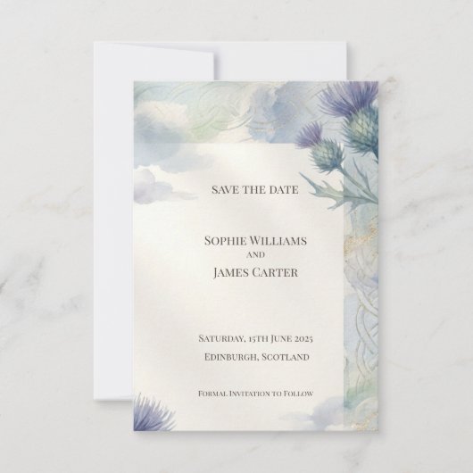 Blue Thistle Keltische Knoop Save the Date | Schot (Voorkant)