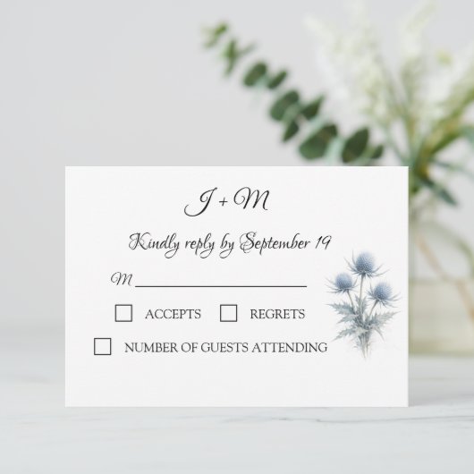 Blue Thistle Scottish Simple Wedding RSVP Kaartje (Staand voorkant)