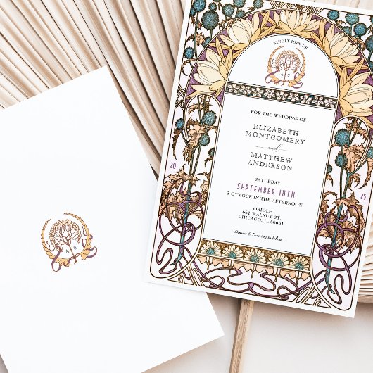 Blue Thistles  Art Nouveau bruiloft Kaart