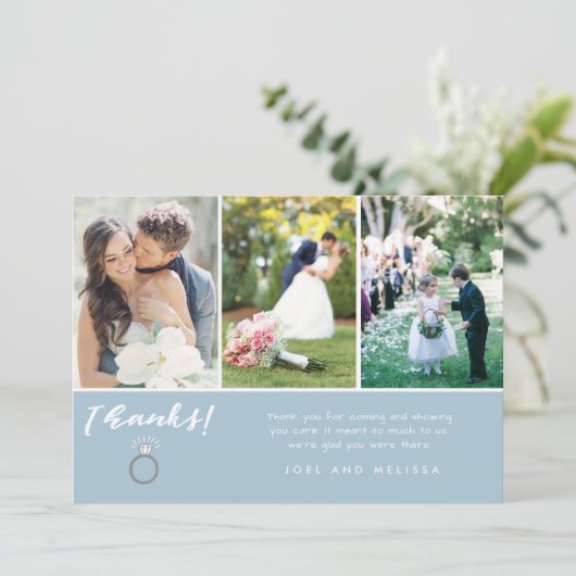 Blue Three Photo Collage Wedding Hartelijk dank Bedankkaart (Staand voorkant)