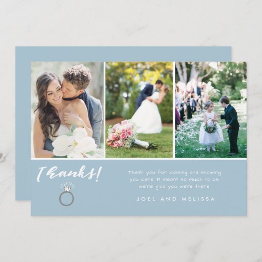 Blue Three Photo Collage Wedding Hartelijk dank Bedankkaart (Voorkant / Achterkant)