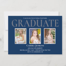 Blue Three Photo Graduation Party Invitation Kaart