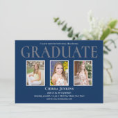Blue Three Photo Graduation Party Invitation Kaart (Staand voorkant)