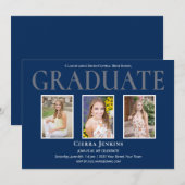 Blue Three Photo Graduation Party Invitation Kaart (Voorkant / Achterkant)