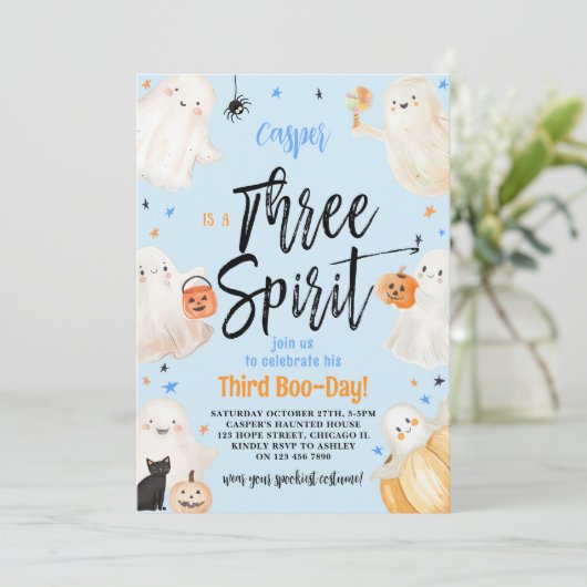 Blue Three Spirit Halloween derde verjaardagsfeest Kaart (Staand voorkant)
