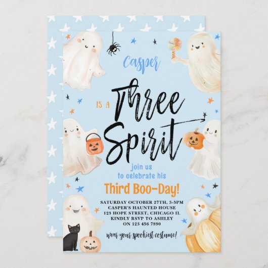 Blue Three Spirit Halloween derde verjaardagsfeest Kaart (Voorkant / Achterkant)