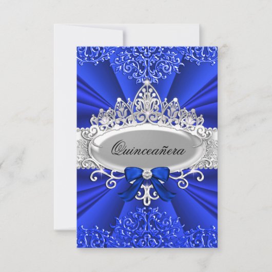 Blue Tiara & Damask Quinceanera Invite Kaart (Voorkant)