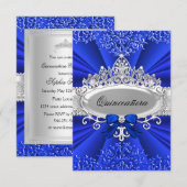 Blue Tiara & Damask Quinceanera Invite Kaart (Voorkant / Achterkant)