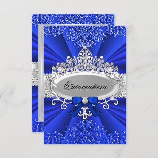 Blue Tiara & Damask Quinceanera Invite Kaart (Voorkant / Achterkant)