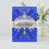Blue Tiara & Damask Sweet Sixteen Party Kaart (Staand voorkant)