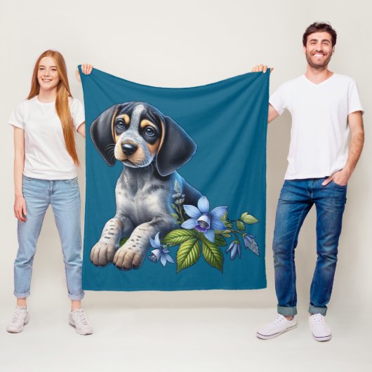 Blue Tick Hound Puppy met delicate blauwe bloemen Fleece Deken (In situ)