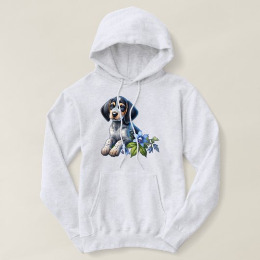 Blue Tick Hound Puppy met delicate blauwe bloemen Hoodie (Design voorkant)