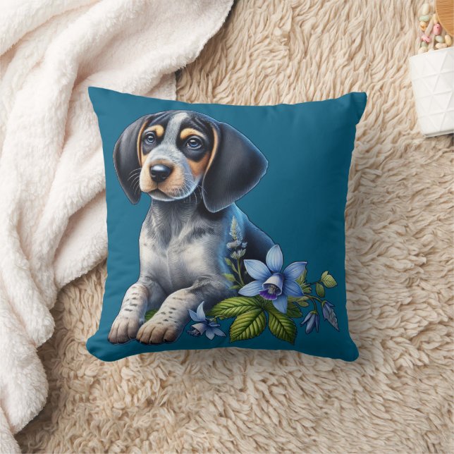 Blue Tick Hound Puppy met delicate blauwe bloemen Kussen (Deken)