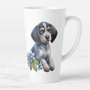Blue Tick Hound Puppy met delicate blauwe bloemen Latte Mok