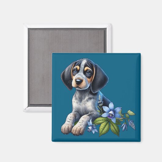 Blue Tick Hound Puppy met delicate blauwe bloemen Magneet (Voorkant / Achterkant)