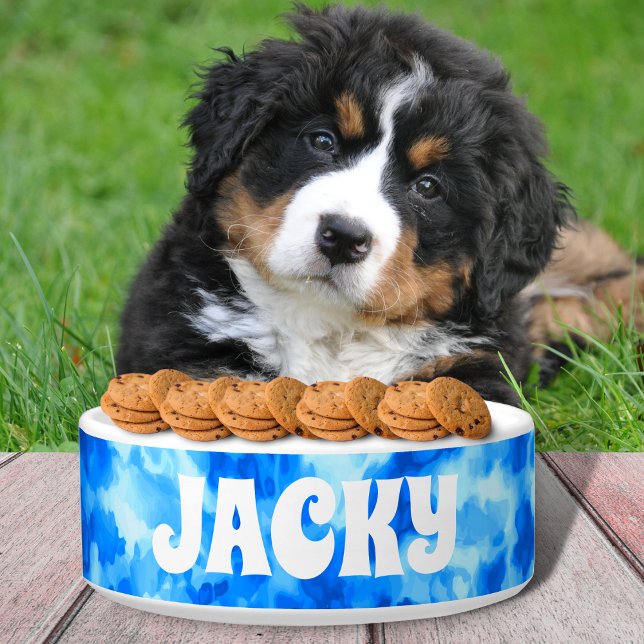 Blue Tie Dye Gepersonaliseerde Hond of Kat Naam Voerbakje (Creator heeft geüpload)