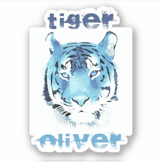 Blue Tiger Head Waterverf Name Sticker (Voorkant)