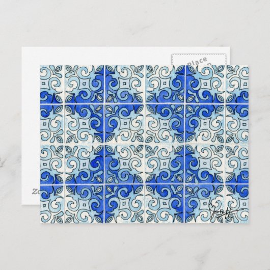 Blue Tile Design 2 - Swirls Briefkaart (Voorkant / Achterkant)