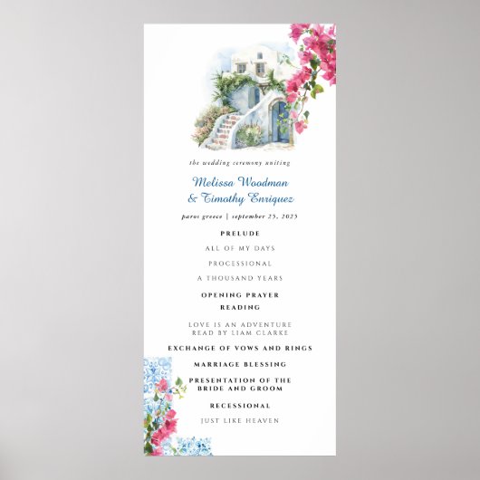 Blue Tile Floral | Huwelijksprogramma Griekenland Poster (Voorkant)