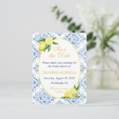 Blue Tile Floral Lemon Bridal Shower Save the Date Briefkaart (Staand voorkant)