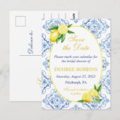Blue Tile Floral Lemon Bridal Shower Save the Date Briefkaart (Voorkant / Achterkant)