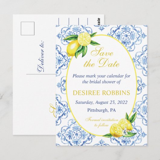 Blue Tile Floral Lemon Bridal Shower Save the Date Briefkaart (Voorkant / Achterkant)