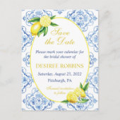 Blue Tile Floral Lemon Bridal Shower Save the Date Briefkaart (Voorkant)