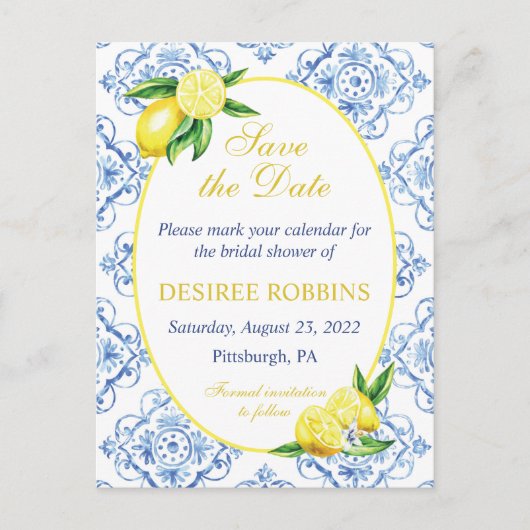 Blue Tile Floral Lemon Bridal Shower Save the Date Briefkaart (Voorkant)