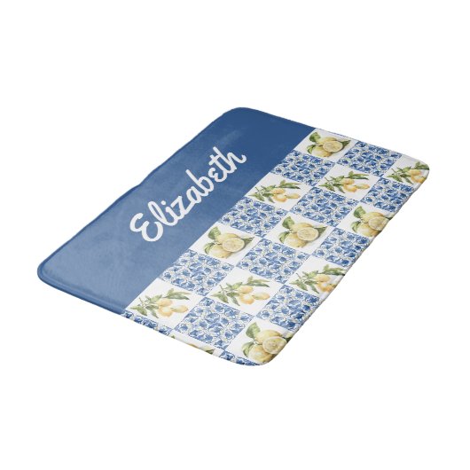 Blue Tile French Country Lemon Custom Name Badmat (Gekanteld)