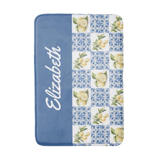 Blue Tile French Country Lemon Custom Name Badmat (Voorkant Verticaal)