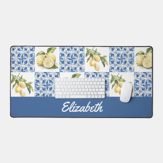 Blue Tile French Country Lemon Custom Name Bureaumat (Keyboard & Muis)